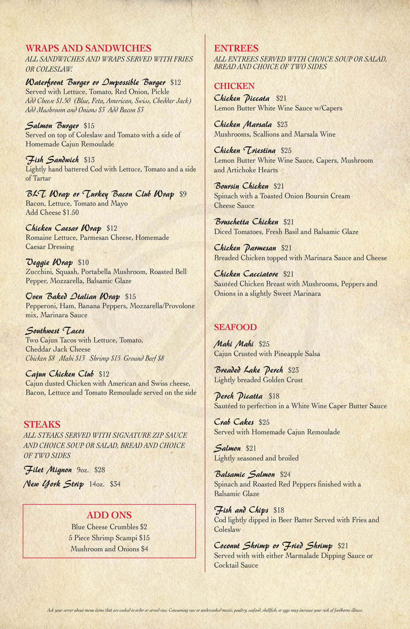 Menu | The Waterfront Restaurant & Lounge