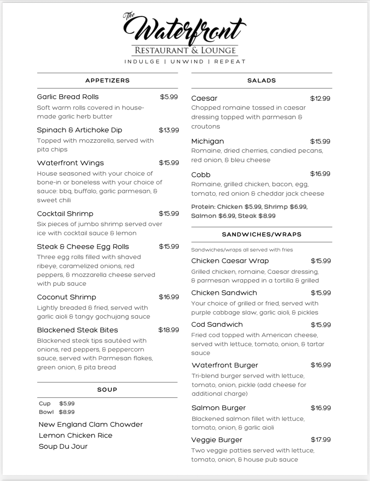 The Waterfront Wyandotte's Menu P1